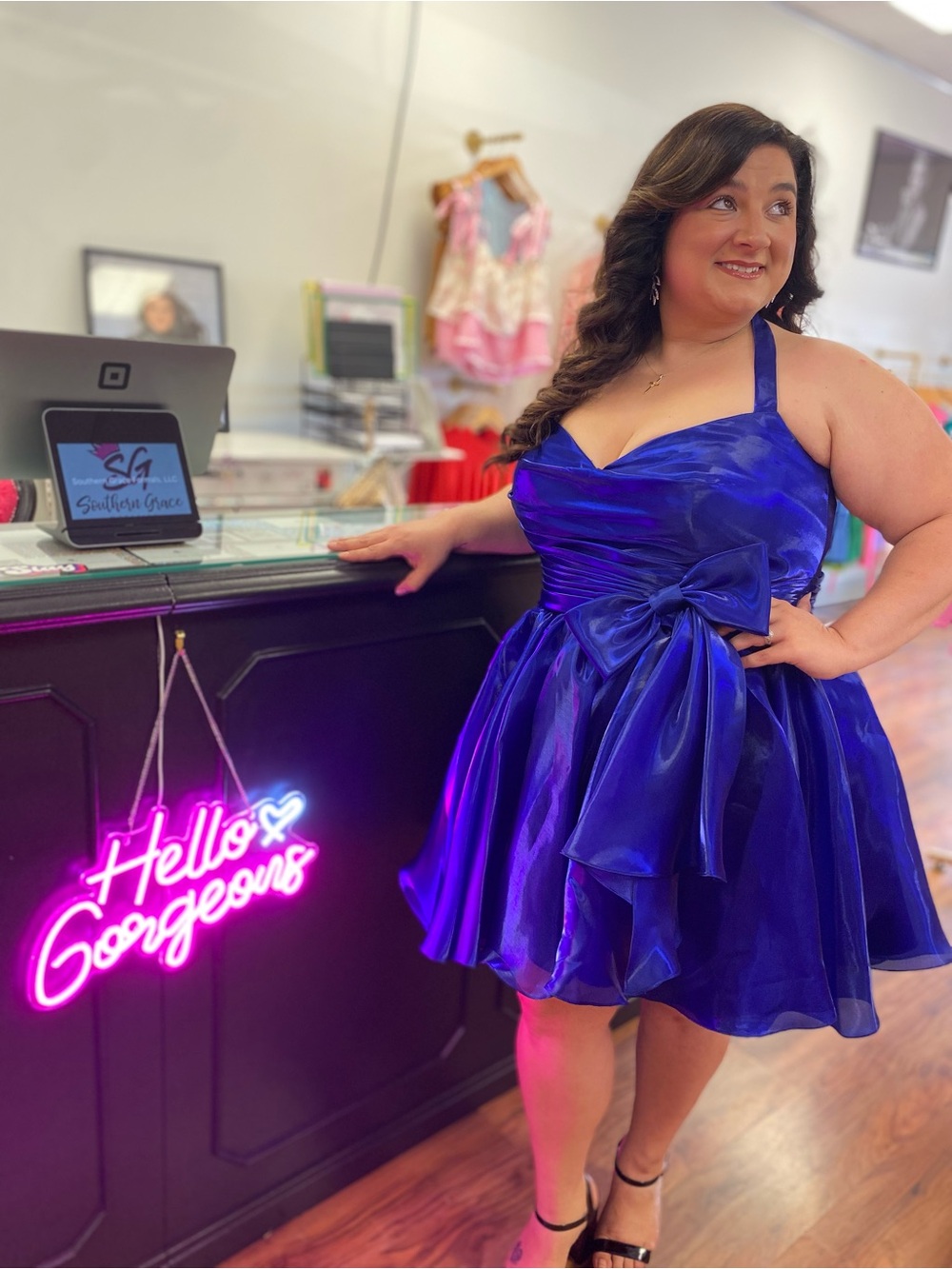 Plus-Size Royal Blue Halter Mini Dress with Side Bow